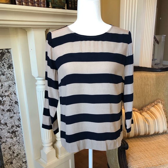 J. Crew Tops - J. Crew Navy and Khaki Stripe Blouse Button Back 4